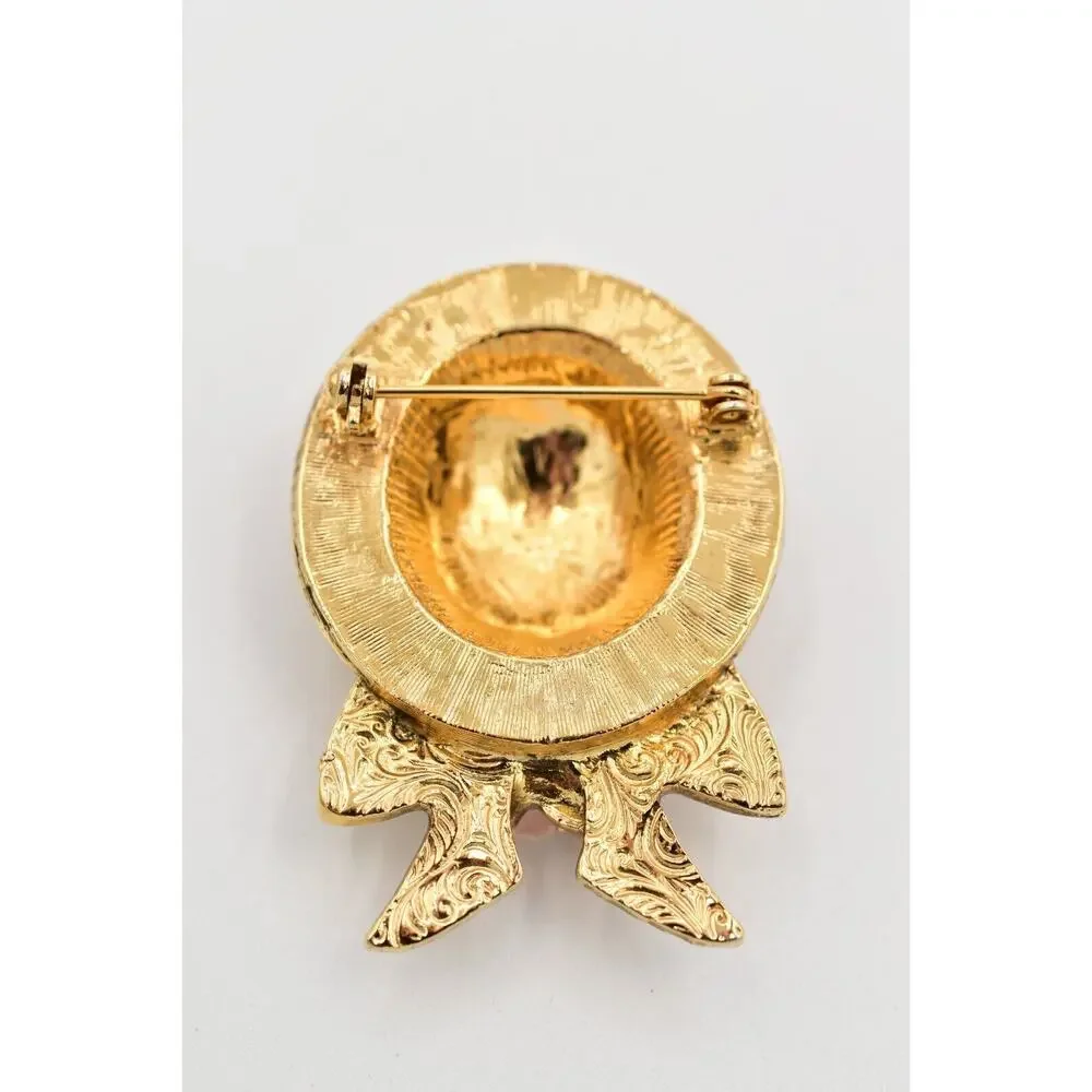 1928 Vintage Sun Hat Brooch Pin Pearl Pink Rose Bow Gold Chunky 1980s BinBK